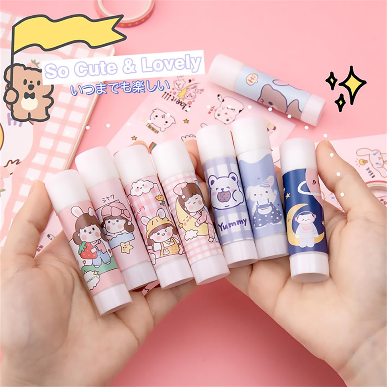 Solid Glues, Kawaii Cartoon Solid Glue Stick Strong Adhesives for Student Stationery DIY Craft High Viscosity School Supplies (5pcs Random Pattern)