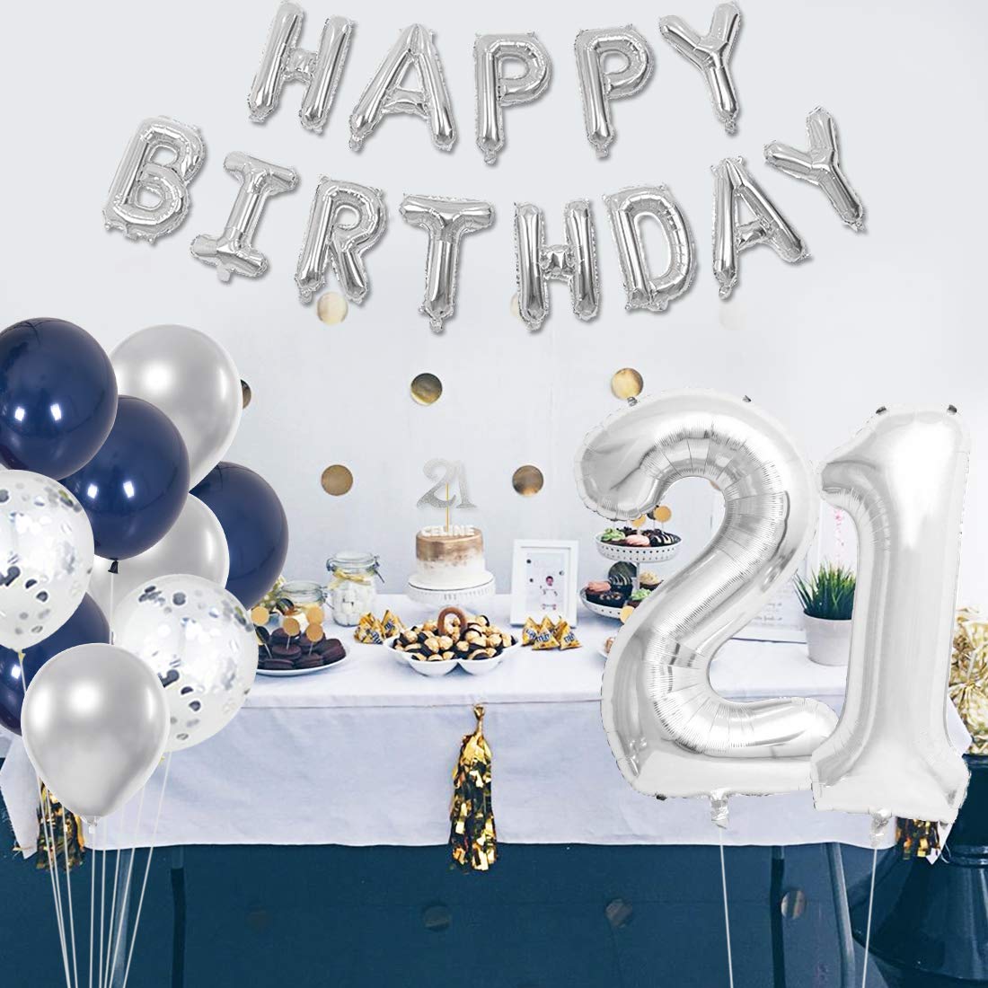 21. Geburtstag Dekoration Set Marineblau & Silber – Banner, Hintergrund, Ballons, Nummer 21