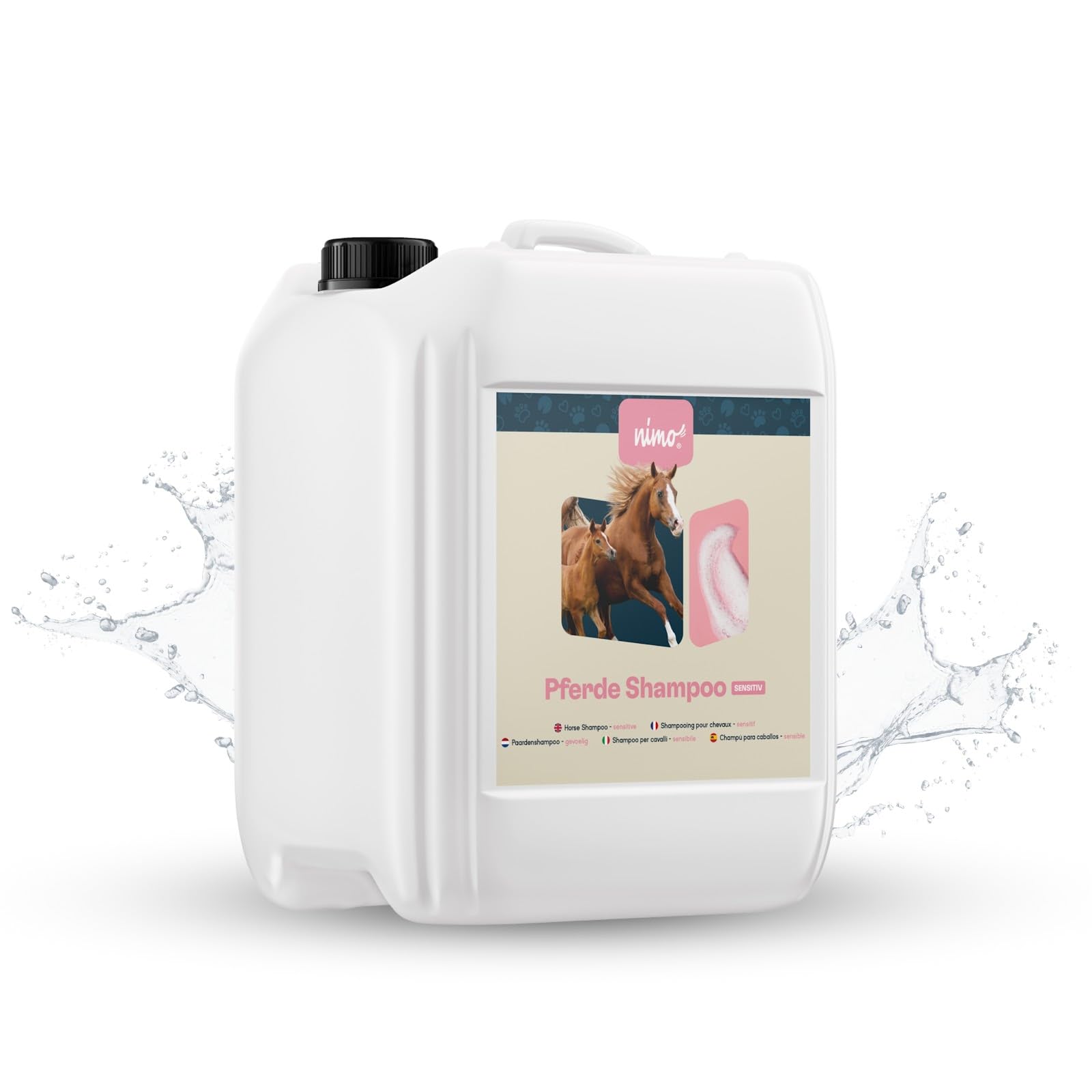 nimo® Pferde Shampoo sensitiv | ohne Duftstoffe & pH-Neutral mit Kollagen | für alle Pferderassen und Sensible, allergische Pferde | für bessere Kämmbarkeit & glänzendes Fell, 100% tierleidfrei