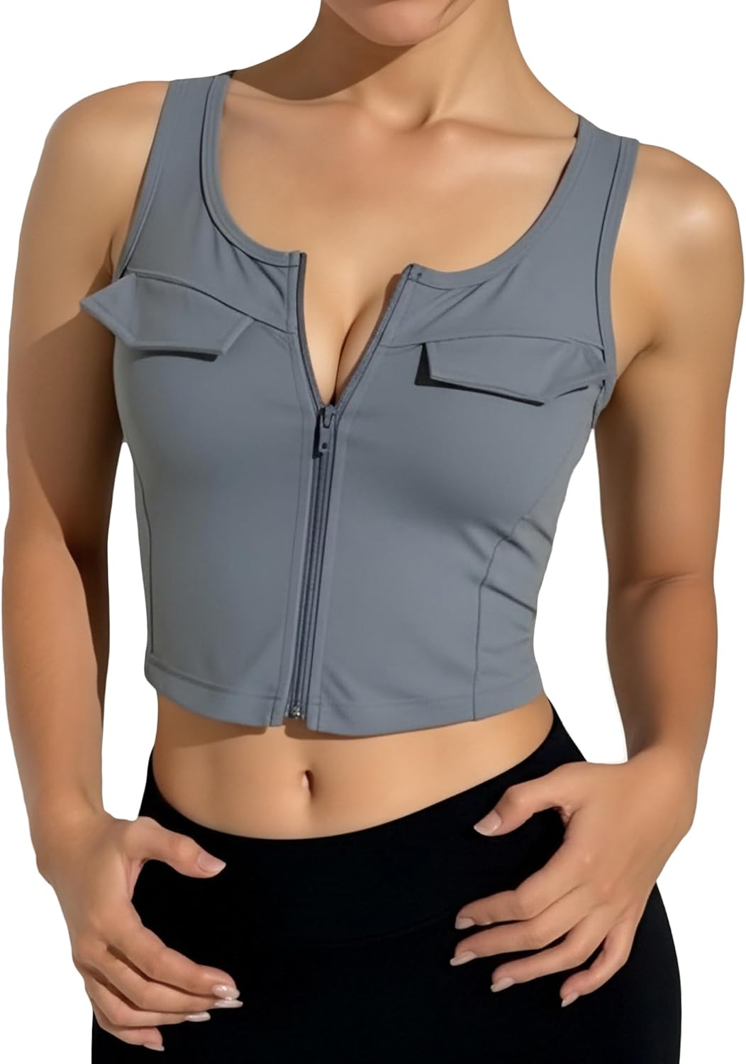FEOYA Cargo Athletic Vest for Women Full Zip Up Workout Tank Sleeveless U Neck Yoga Gym Crop Top