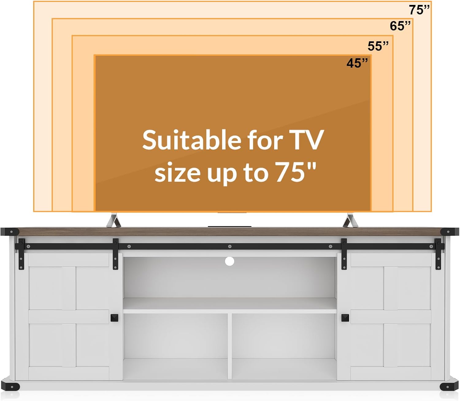 Diagram showing various TV sizes (45, 55, 65, 75 inches) overlaid on the TV stand, indicating suitability for TVs up to 75 inches.