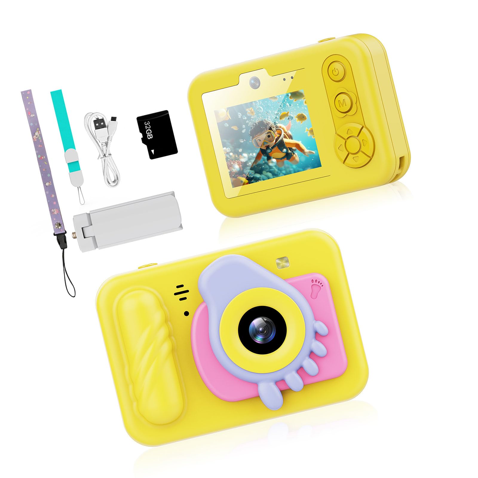 Cámara para niños de 32 GB con fotos de 48 MP, video 1080P, aumento 8X, diseño flotante para piscina, playa, nieve, aventuras, piscina