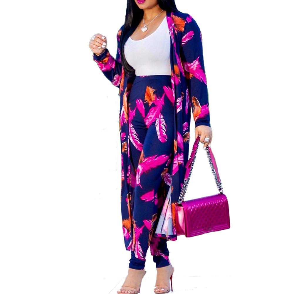 Womens Fashion Printed Long Cardigans 2 Piece Outfits,Long Sleeve Coat and Trousers Set