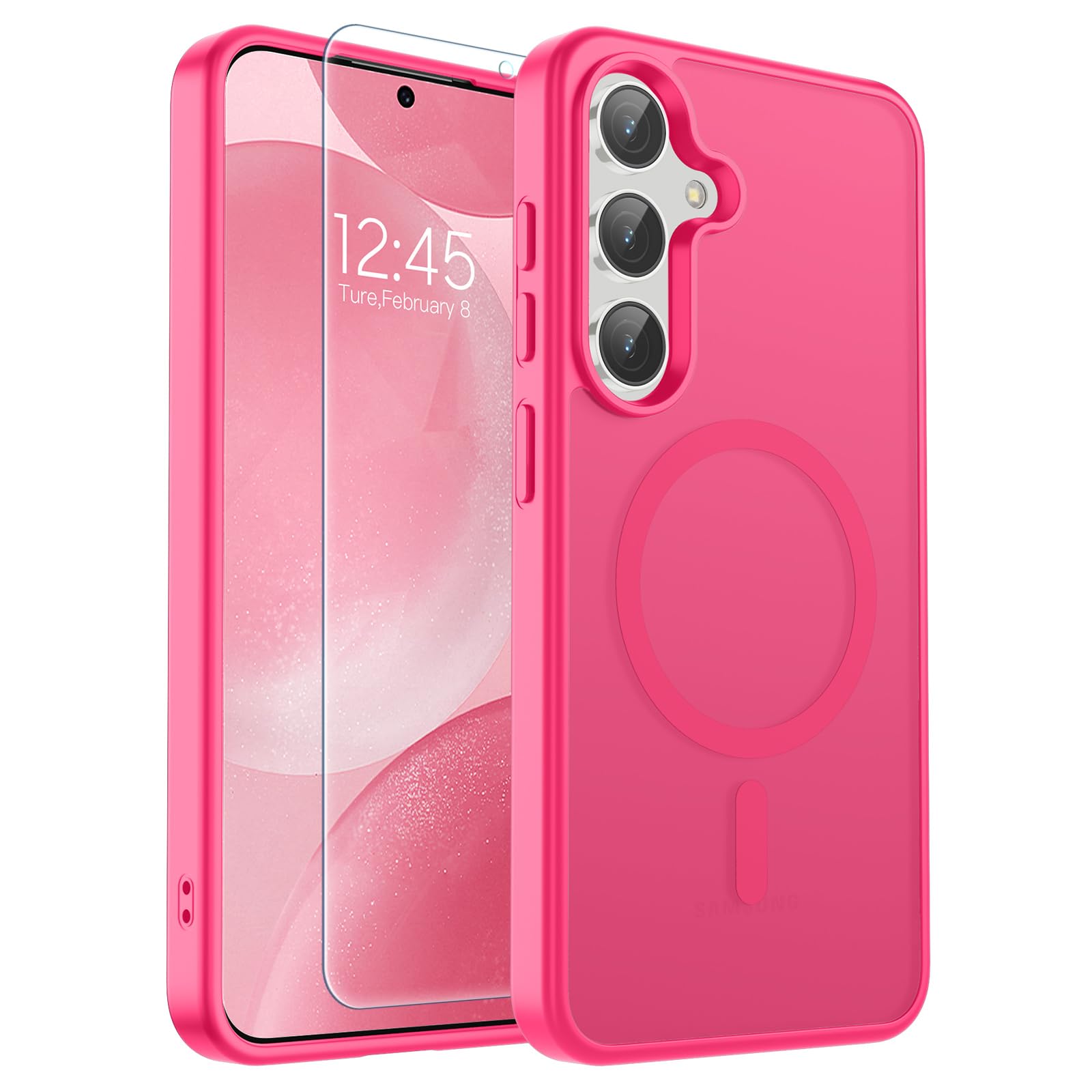 SUPFINE Magnetic for Samsung Galaxy S24 Case / S25 Case with Screen Protector, (Built-in Magnets) (Military Grade Drop Protection) Slim Translucent Shockproof Phone Case,Hot Pink