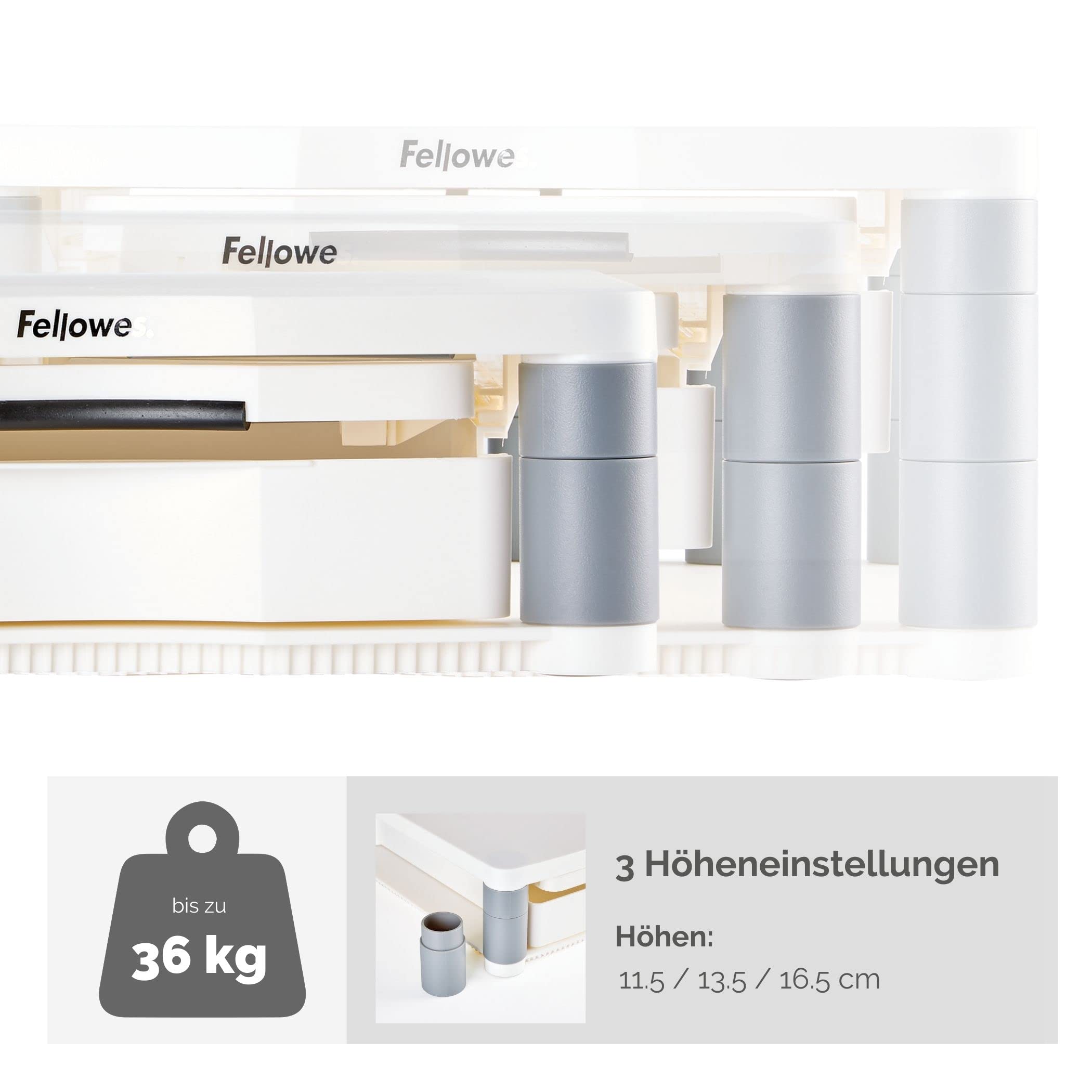 Fellowes Monitorständer Premium Plus, höhenverstellbar in 5 Stufen, ergonomisch, sehr stabil für Monitore bis 21 Zoll,, mit Schublade und Sichtfeld-Vorlagenhalter, weiß-grau