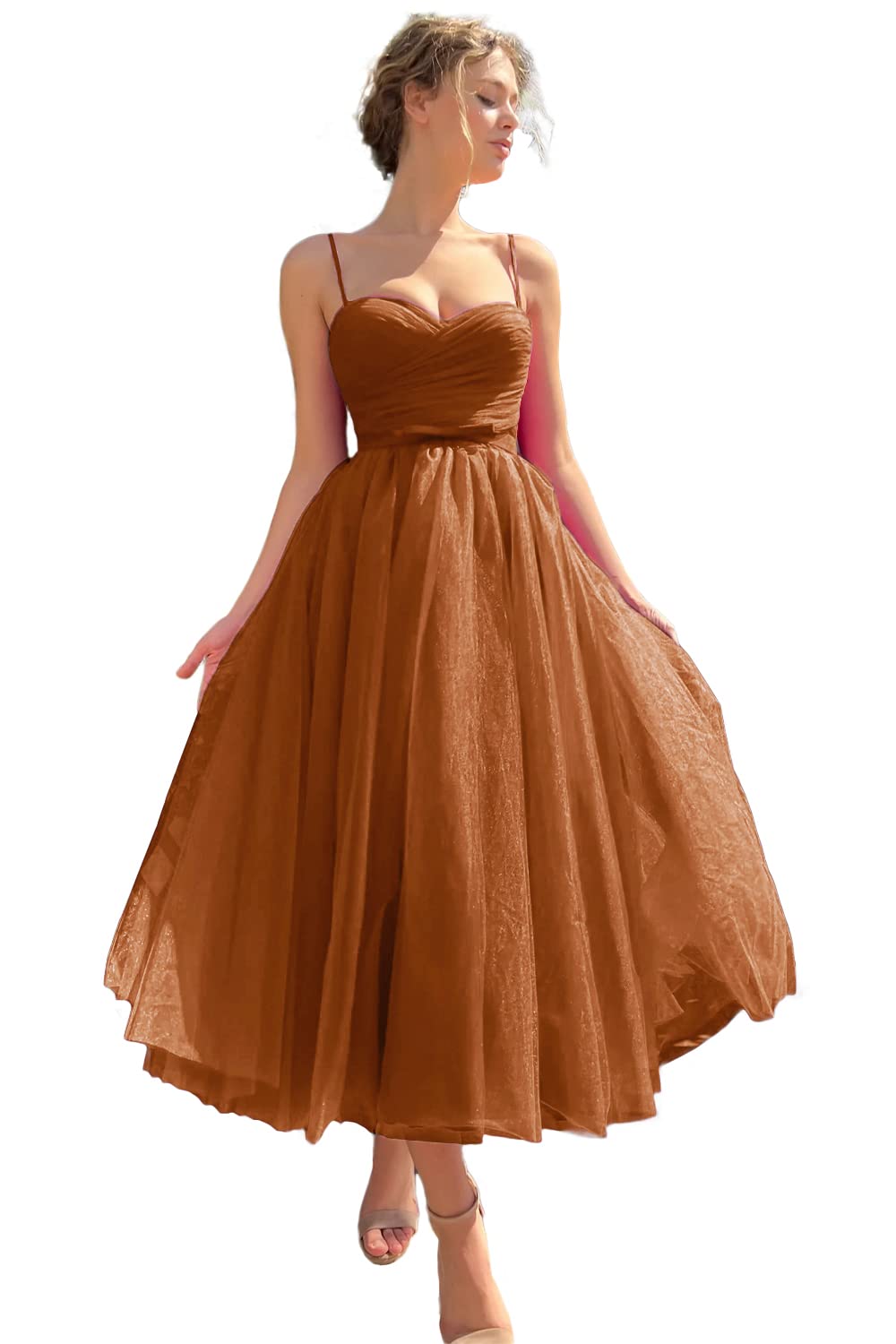 Sevintage Spaghetti Straps Tulle Prom Dress Tea Length Formal Party Evening Dress with Pockets