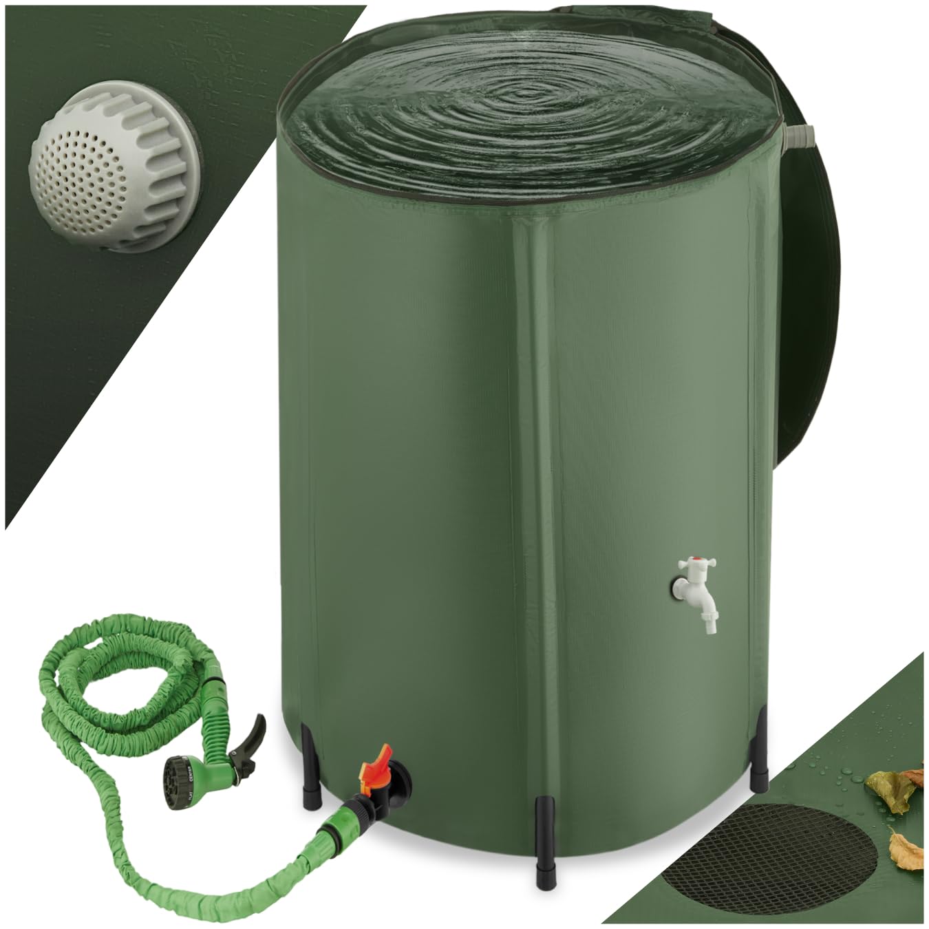 Tectake 380 L Tectake® Collapsible Water Container With Overflow Protection - Weather-Resistant & Rust-Free Water Butt With Protective Grate, Tap & Floor-Safe Plastic Feet, Stable Structure & Quick Setup - 380L