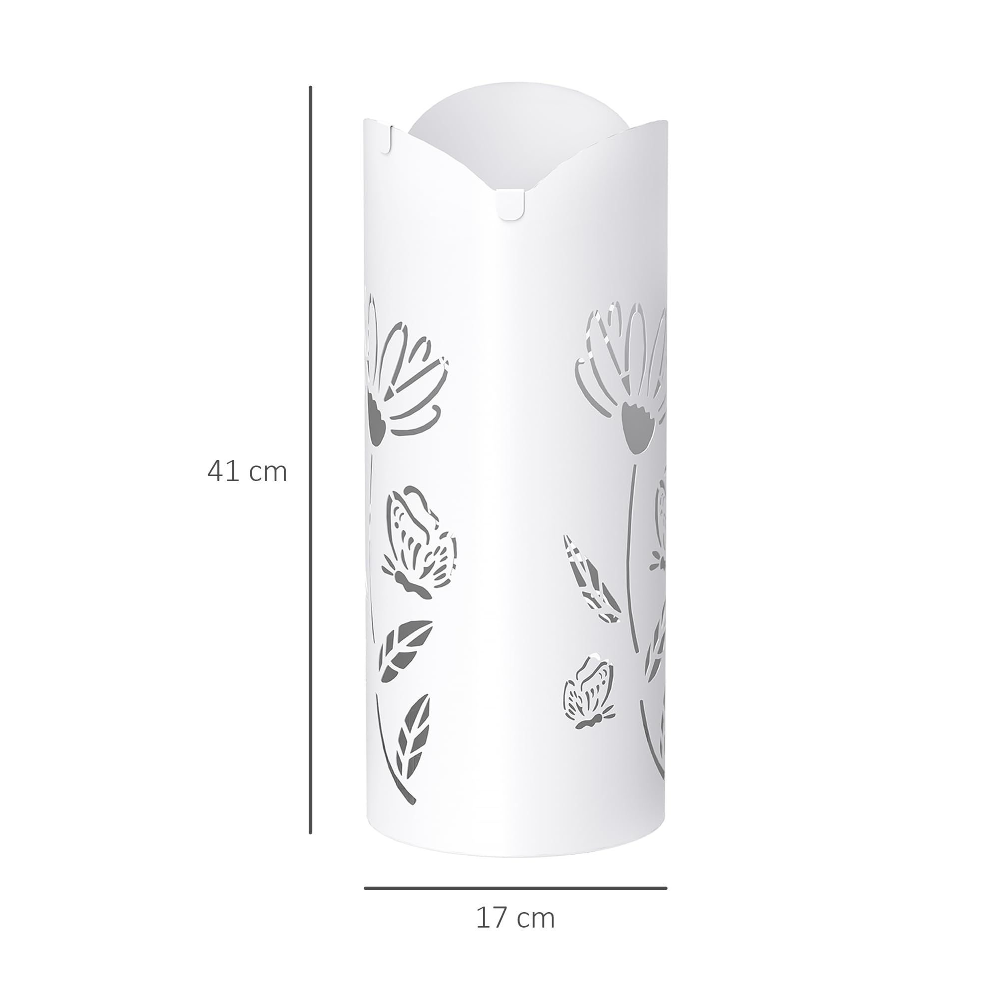 HOMCOM Paragüero de Acero Soporte de Paraguas con 4 Ganchos y Bandeja de Goteo Extraíble Paragüero Blanco para Entrada Oficina 17x17x41 cm