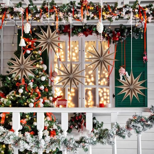 Image of 12 Inches 5 PCS Brown Paper Star Lanterns Christmas Hanging Lamp Rustic Paper Decorations Shade Wedding Birthday Christmas Home Party Decorations (12 Pointed)