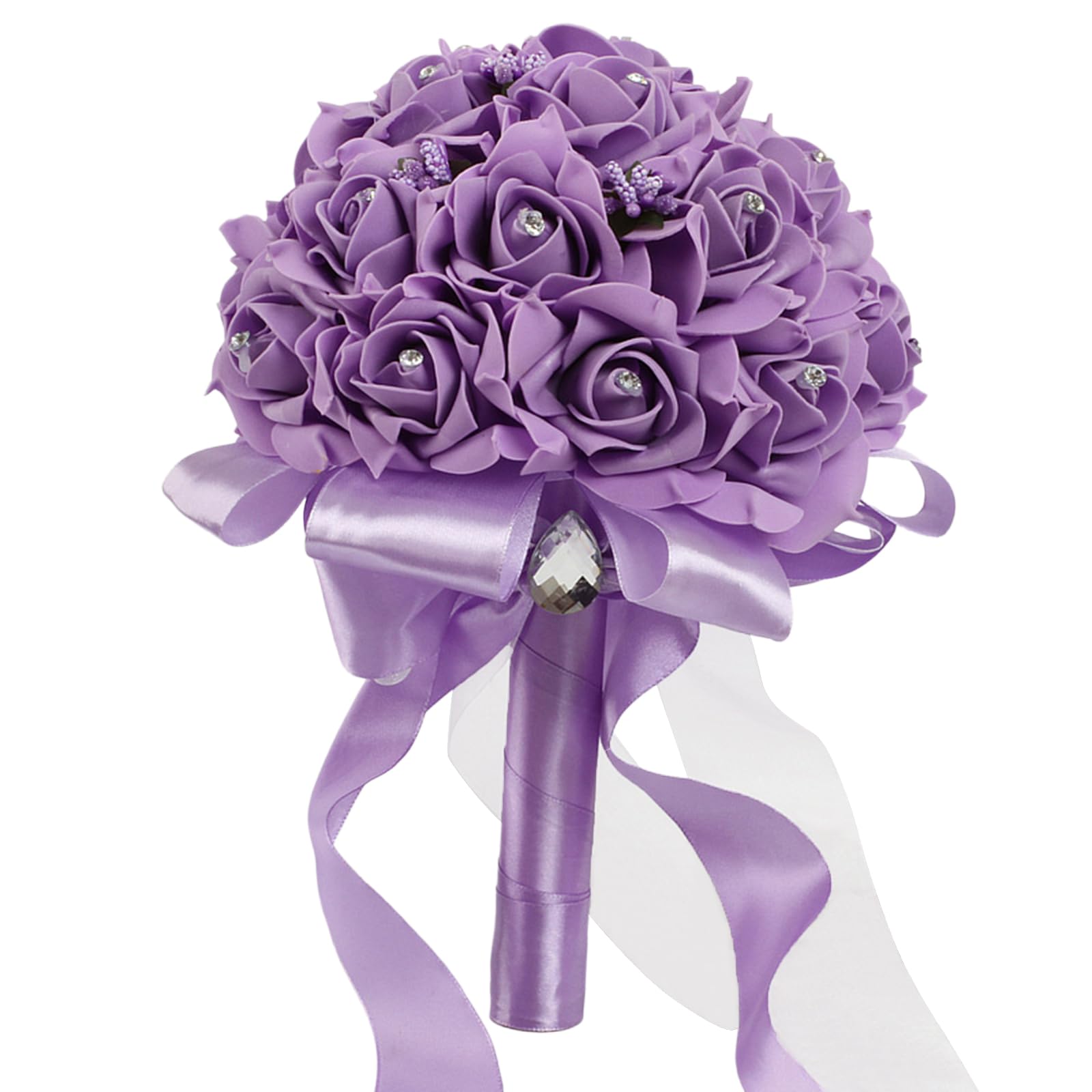 Qianderer Hand Made Pearl Satin Roses Bridesmaid Bridal Artificial Bouquets Customization Bride Holding Bouquet Wedding for Photo Shooting, Valentine's Day, Birthday (Purple, M)
