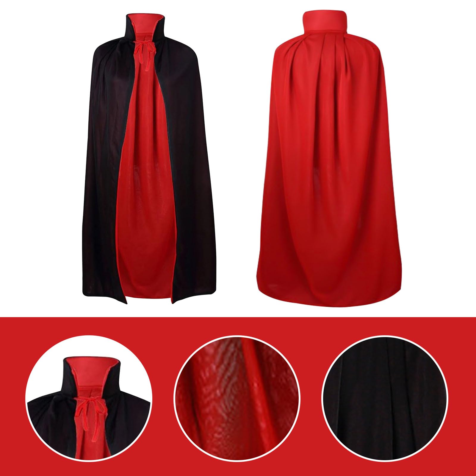 FUIPVGI 120cm/47in Long Black Red Cape,Reversible Cape Halloween Cape,Grim Reaper Costume,Wizard Cloak for Adult Kids Vampire Witch Wizard Role Play Cloak Easter Halloween Christmas (120cm) - Image 3