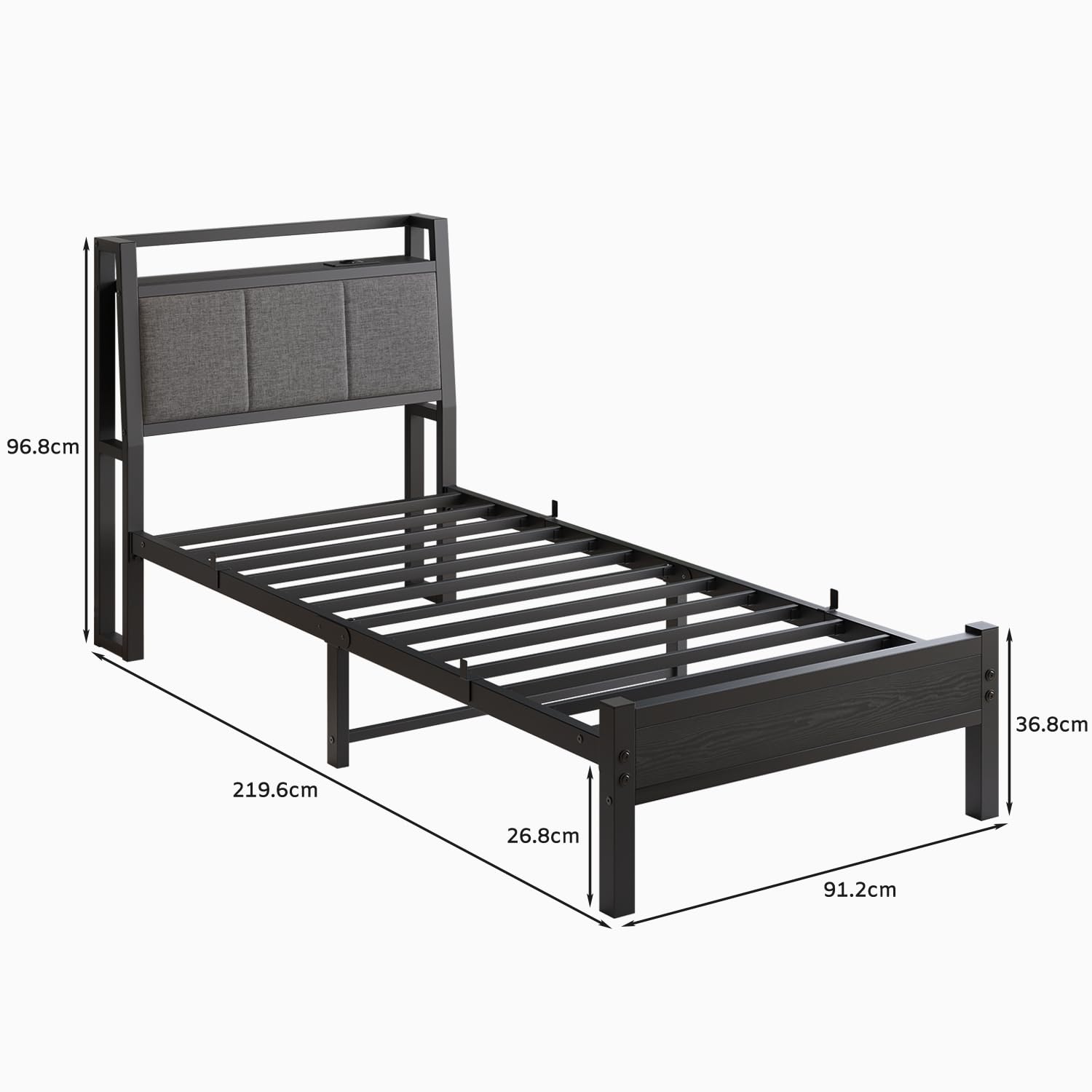 FOUBAM Metallbett 120x200 Mit LED & Ladestation - Ergonomisches Bettgestell Mit Stauraum