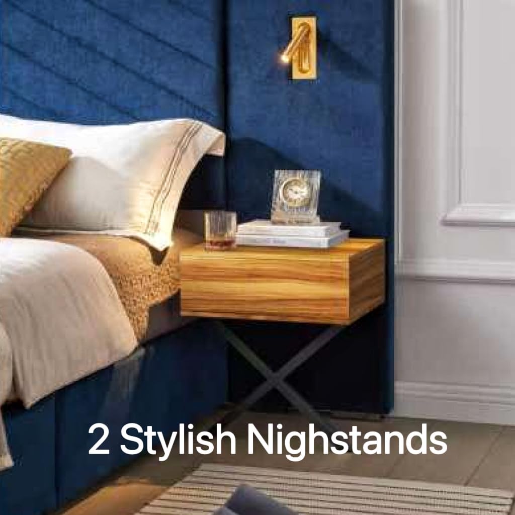 extrasleep Modern Luxury King Size Bed Frame, Velvet Bed King Size with Vertical Channel Tufted Wingback Headboard, Upholstered Platform Bed with 2 Side Shelves & 2 Lights, Easy Assembly Royal Blue