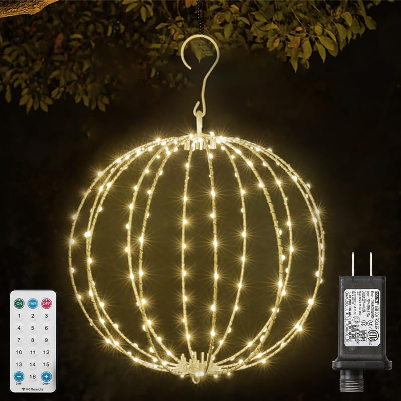 12INCH Outdoor/Indoor LED Christmas Light Ball,Foldable Metal Sphere Lights, Connectable Waterproof 16 Modes with Timer, Hanging Tree Globe Lights for