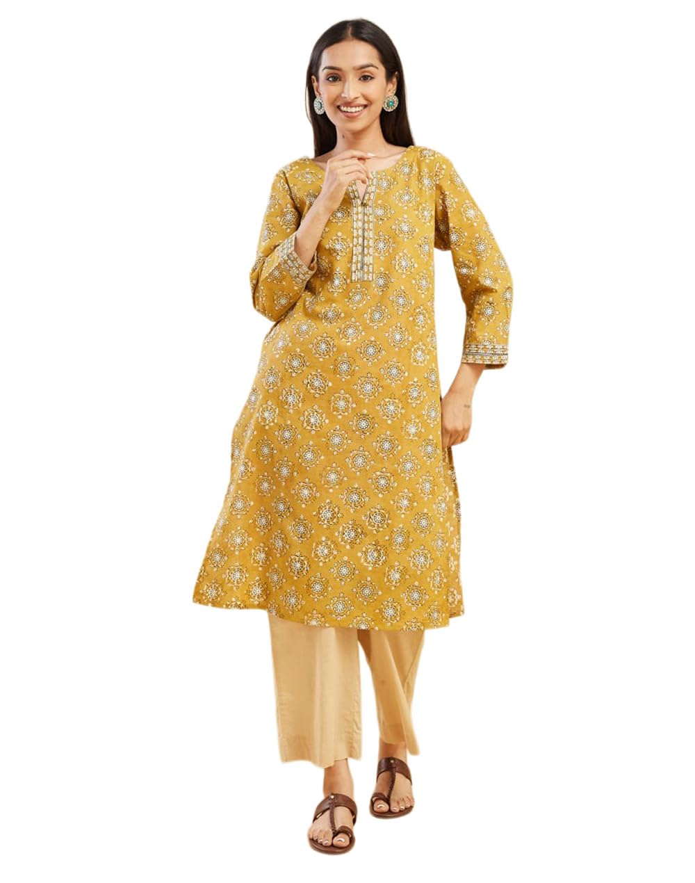 fabindia Mustard Cotton Bagru Printed Knee Length Kurta-picture-10