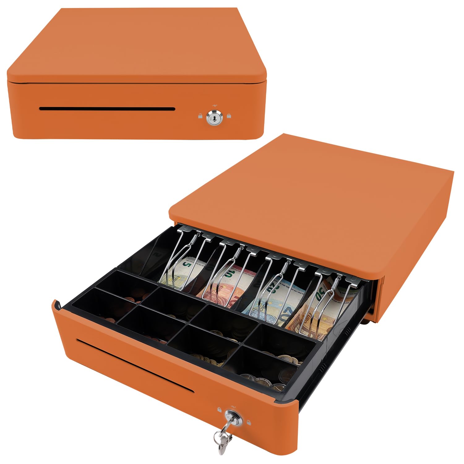 OLYMPIA S 330 Orange | Cassetto contanti con 8 scomparti per monete e 4 scomparti per banconote, robusto cassetto per cassa in metallo, registratore di cassa controllabile elettrico con serratura e
