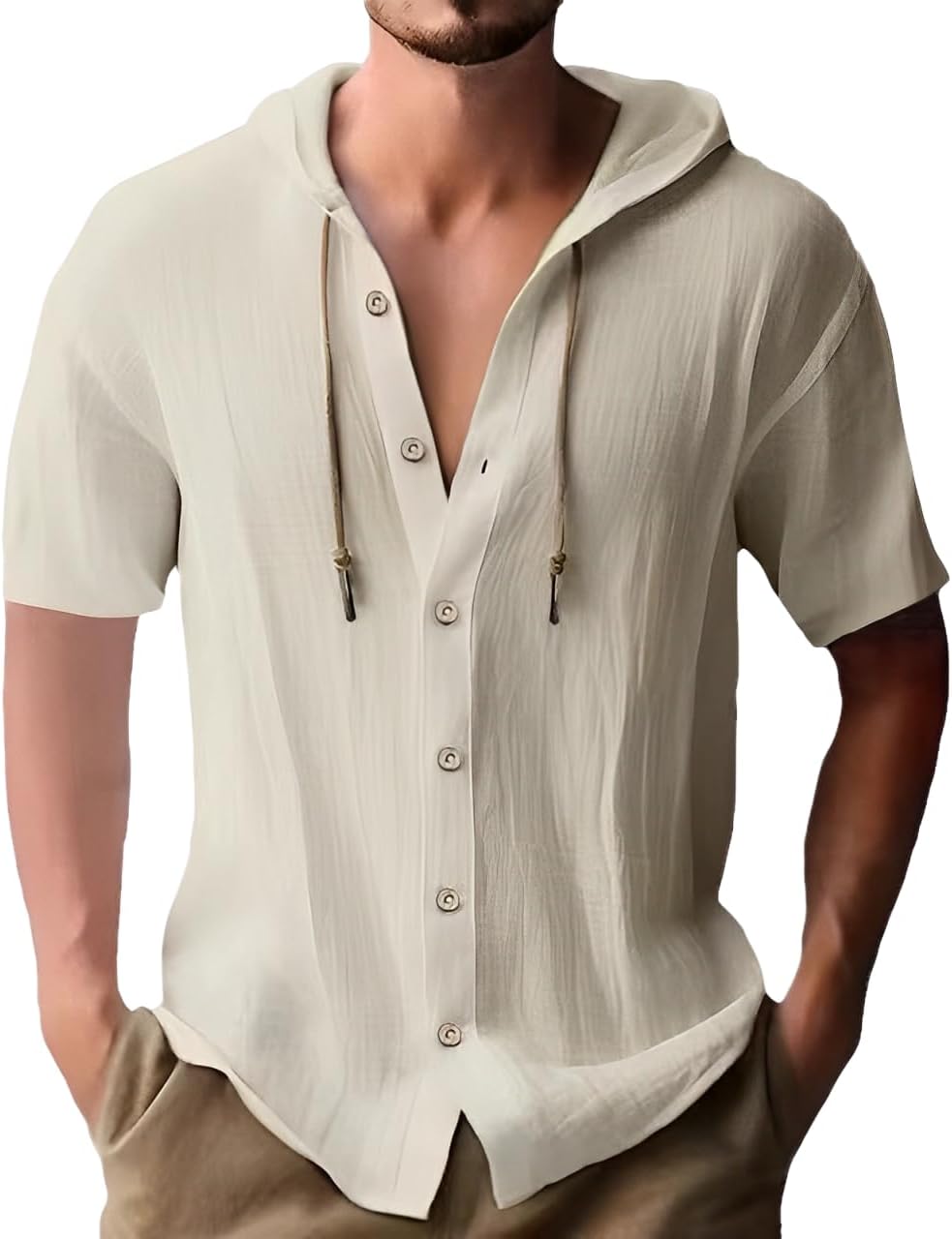 Linen Shirts for Men Casual Button Shirts Summer Cotton Linen Hoodie Beach Long Sleeve Shirts Top with Hood