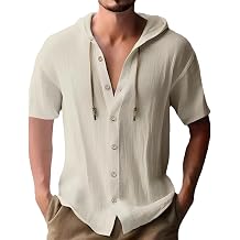 Mens Cotton Linen Hooded Short Sleeve Button Shirt Lightweight Summer Casual Beach Vacation Hoodie Top