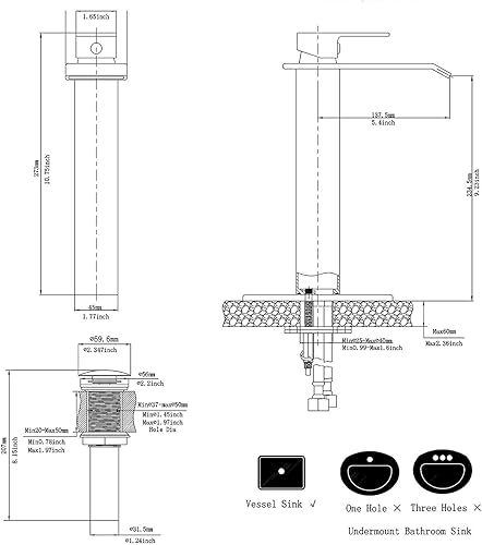 Miniatura 2 de Grifo de baño cromado, cascada, cuenco de fregadero de un agujero, grifo alto de una sola manija, grifos de baño con montaje de drenaje, tocador