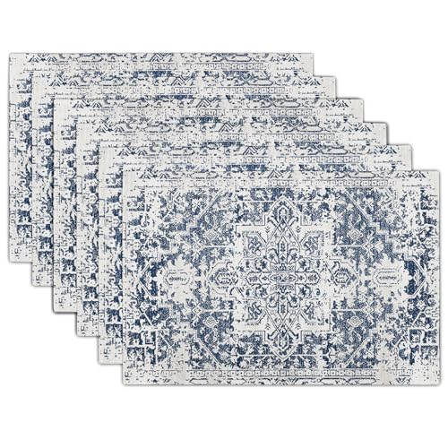 Image of Navy Blue Gray Boho Placemats Set of 6 Ethnic Bohemian Carpet Place Mats Washable Kitchen Dining Vintage Grey Geography Floral Linen Table Mats Stain Heat-Resistant for Home Party Indoor 12x18 in