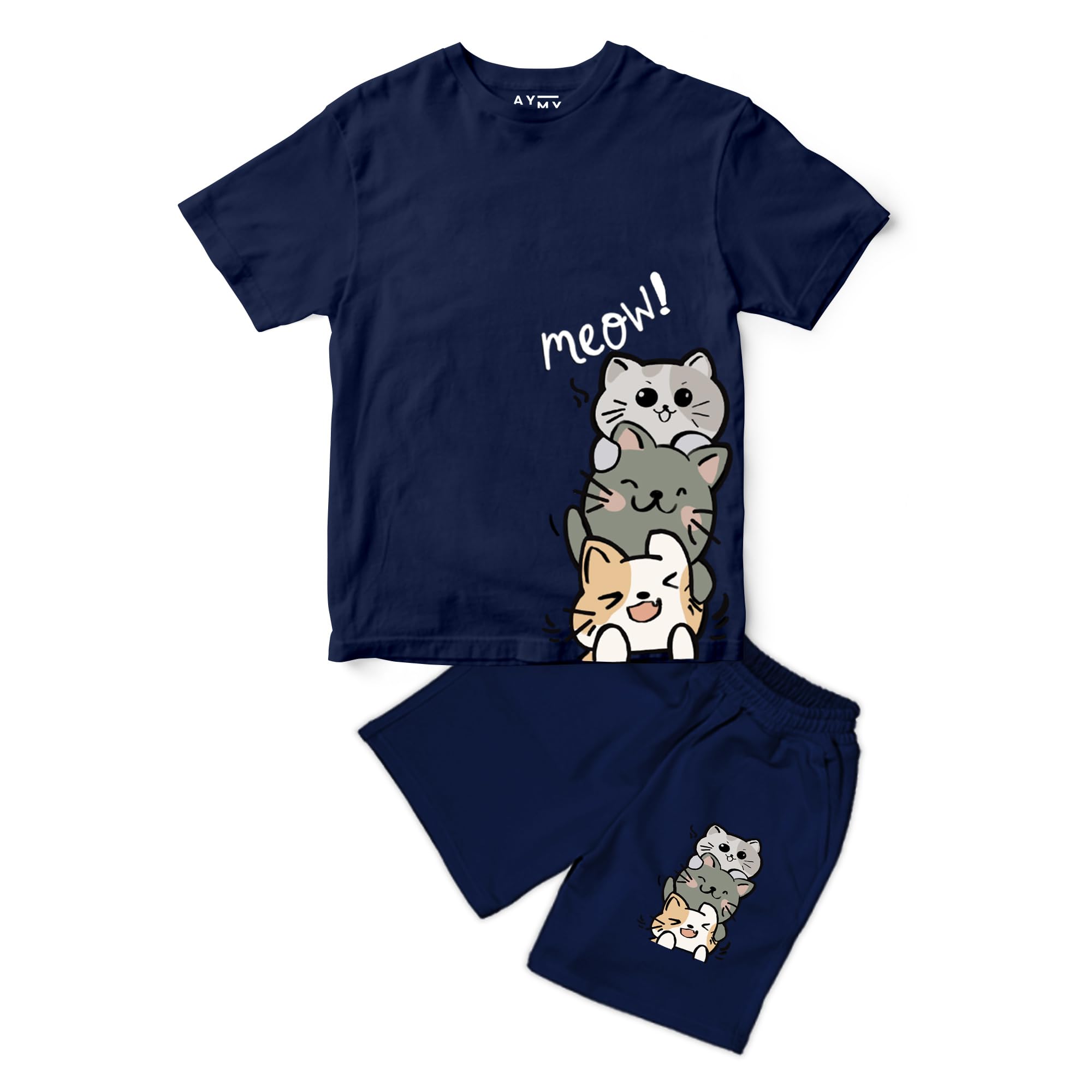 AYMY Boys Co ord Clothing set Printed Tshirt & Shorts, 3 Cats Meow Printed Design Half Sleeves Coord (Tshirt and Short) || 100% Pure Soft Cotton ||Girls & Boys || Washable, Breathable, Unisex