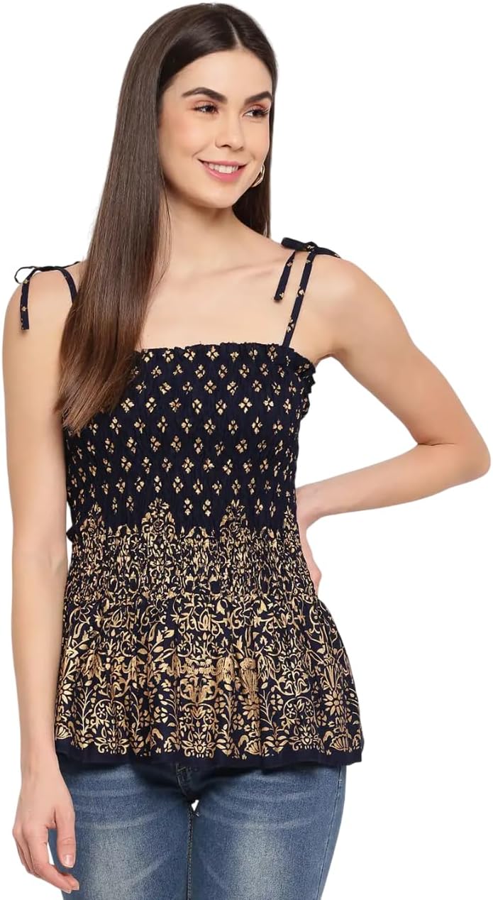 Bigdave Women's Rayon Print Casual Summer Style Tie Shoulder Straps Free Size Tank Top (Navy Blue Gold Pattern)