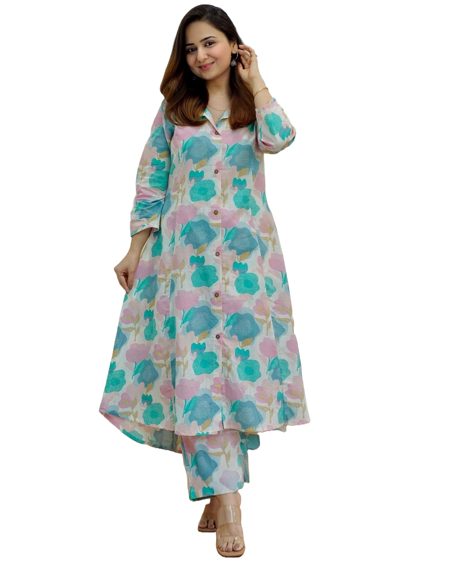 EthnoGlam’s Blue and Green Cotton Co-ord Calf-length Gown and Pant Set: Abstract Ethnic Motif Print, V-Neck, 3/4th Sleeves, Regular Fit || Coord set for Women and teenage girls-image-48