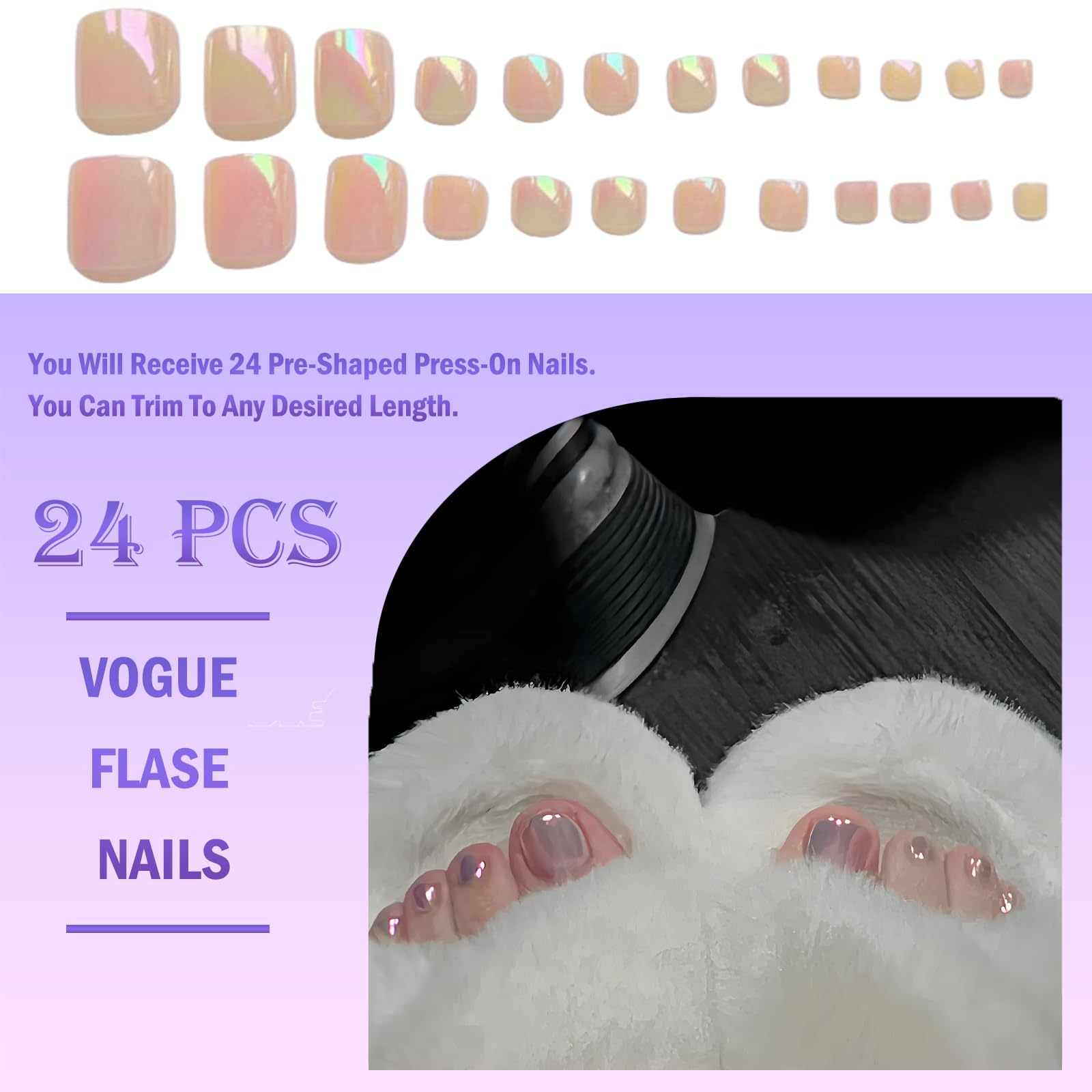 Aurora Nude-Pink Iridescent Short Square False Toenails - Image 3