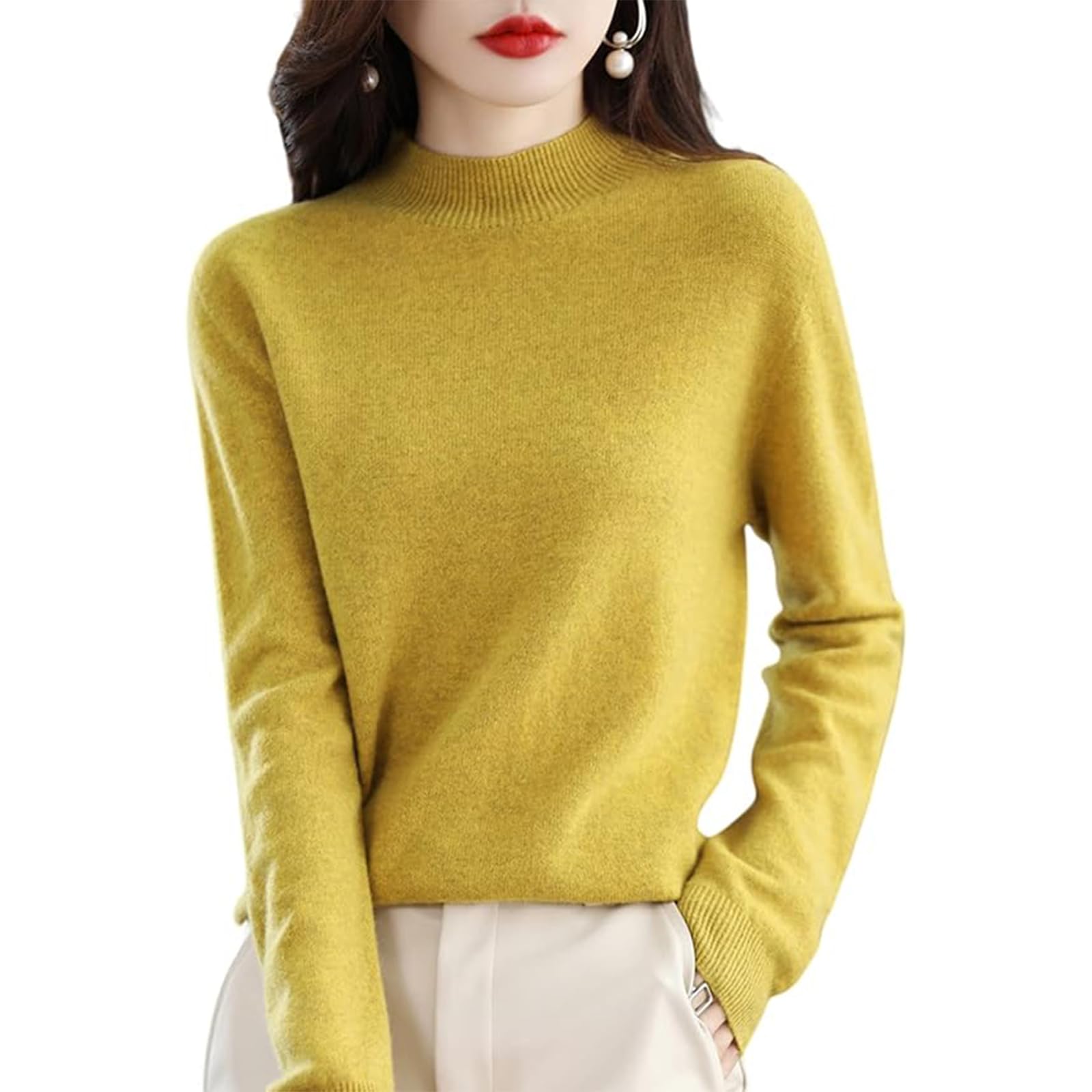 CUSON Cashmere Sweaters for Women, 100% Cashmere Long Sleeve Crew Neck Soft Warm Pullover Knit Jumpers (Yellow,X-Large)