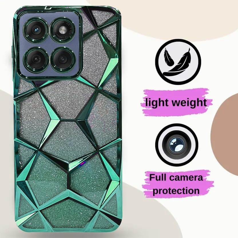 Image of VONZEE Gradient Glitter Case for Moto Edge 60 Fusion, Luxury Electroplated 3D Cube, Diamond Bling Shiny Soft TPU Clear Shockproof Women Girls Protective Phone Cover (Green)