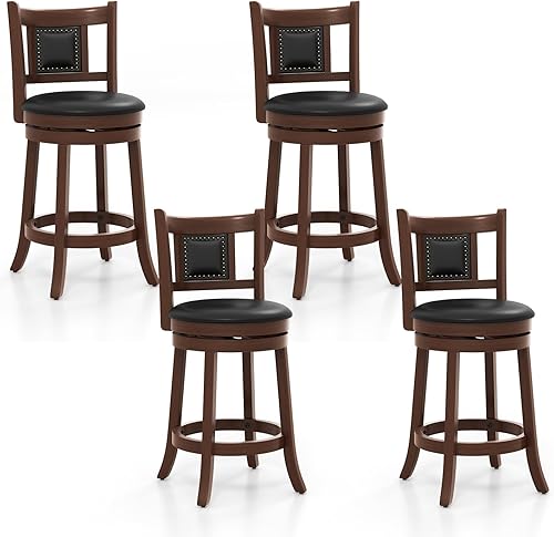 COSTWAY Juego de 4 taburetes de bar, 25.5 pulgadas, tapizados giratorios de altura de mostrador, con respaldo curvado y asiento acolchado, patas de