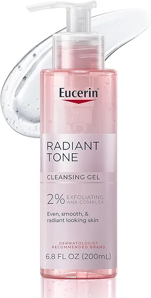 Eucerin Radiant Tone Face Cleanser Gel with 2% Exfoliating AHA Complex, Gentle Face Wash Improves Skin Clarity and Boosts Radiance, All Skin Types, 6.8 Fl Oz Bottle