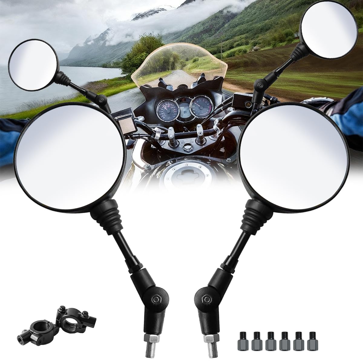 UHETELET 2 PCS Espejos Retrovisores Universales para Moto, Retrovisor para Manillar de Moto, ATV, Cruiser o Scooter, Espejo Retrovisor Redondo Giratorio 360° con Rosca M8/M10 Derecha y Abrazadera
