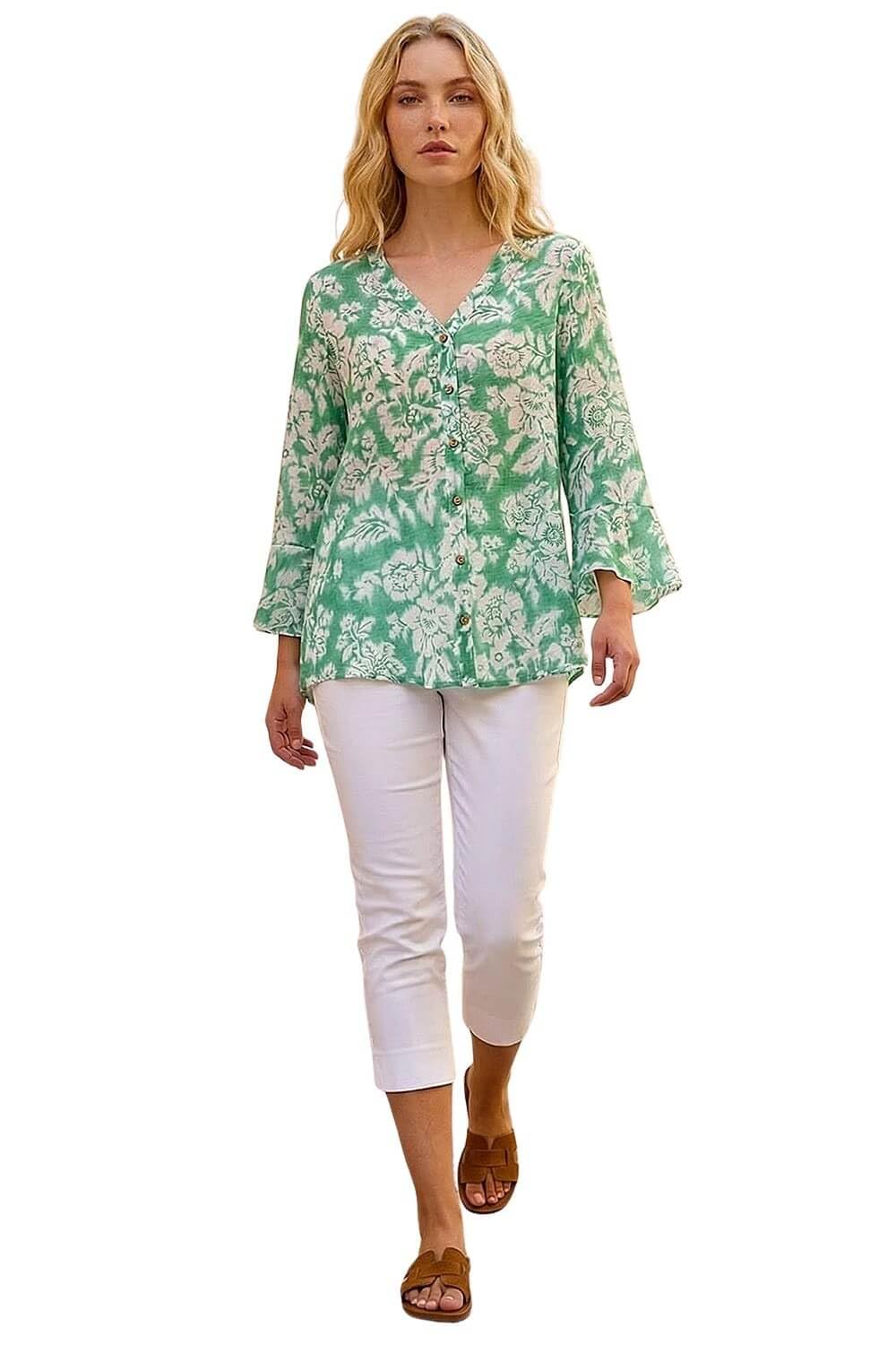 Roman Women's Green Floral Print Flare Sleeve Blouse In | Size: 12