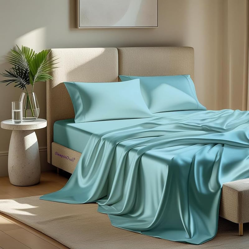 Image of Premium Satin King Size (92x106 Inchs) with 2 Pillow Cover Bedsheet Ultra Soft & Silky Smooth, Breathable Cooling Fabric, Luxury Glossy Finish|Dreamy Blue