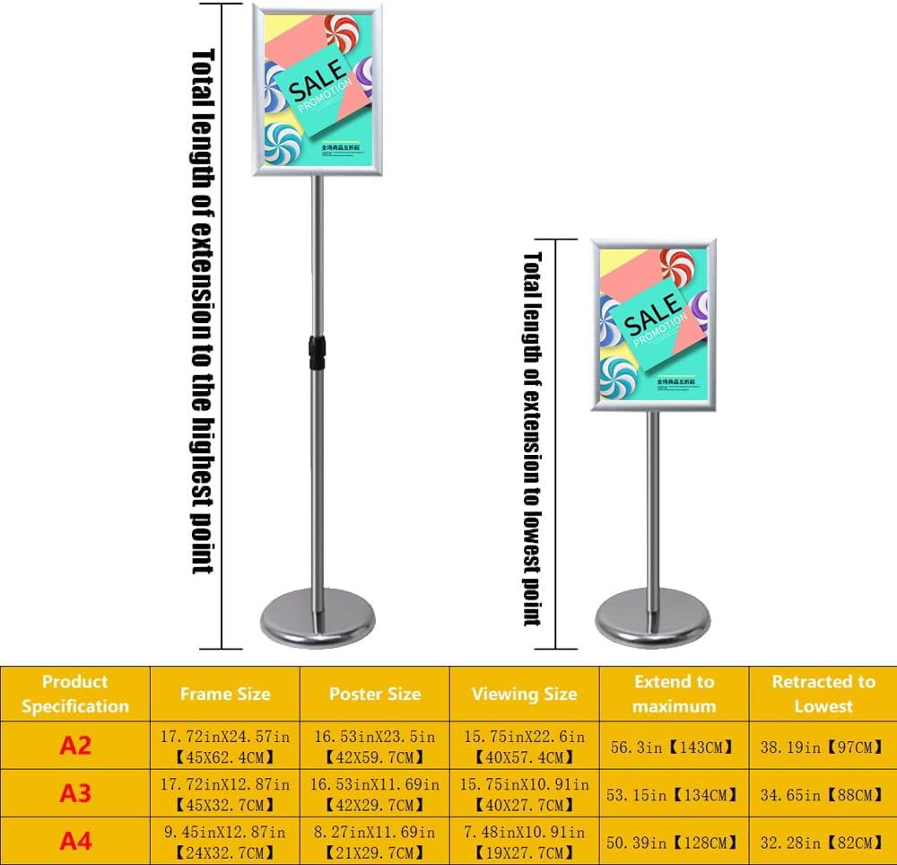Stojak podłogowy, stojak na plakaty A4, Stojak podłogowy na plakaty A2/A3/A4, regulowana wysokość 70-120 cm, pochylenie 360 ​​stopni, wielokolorowy(Silver,A4)