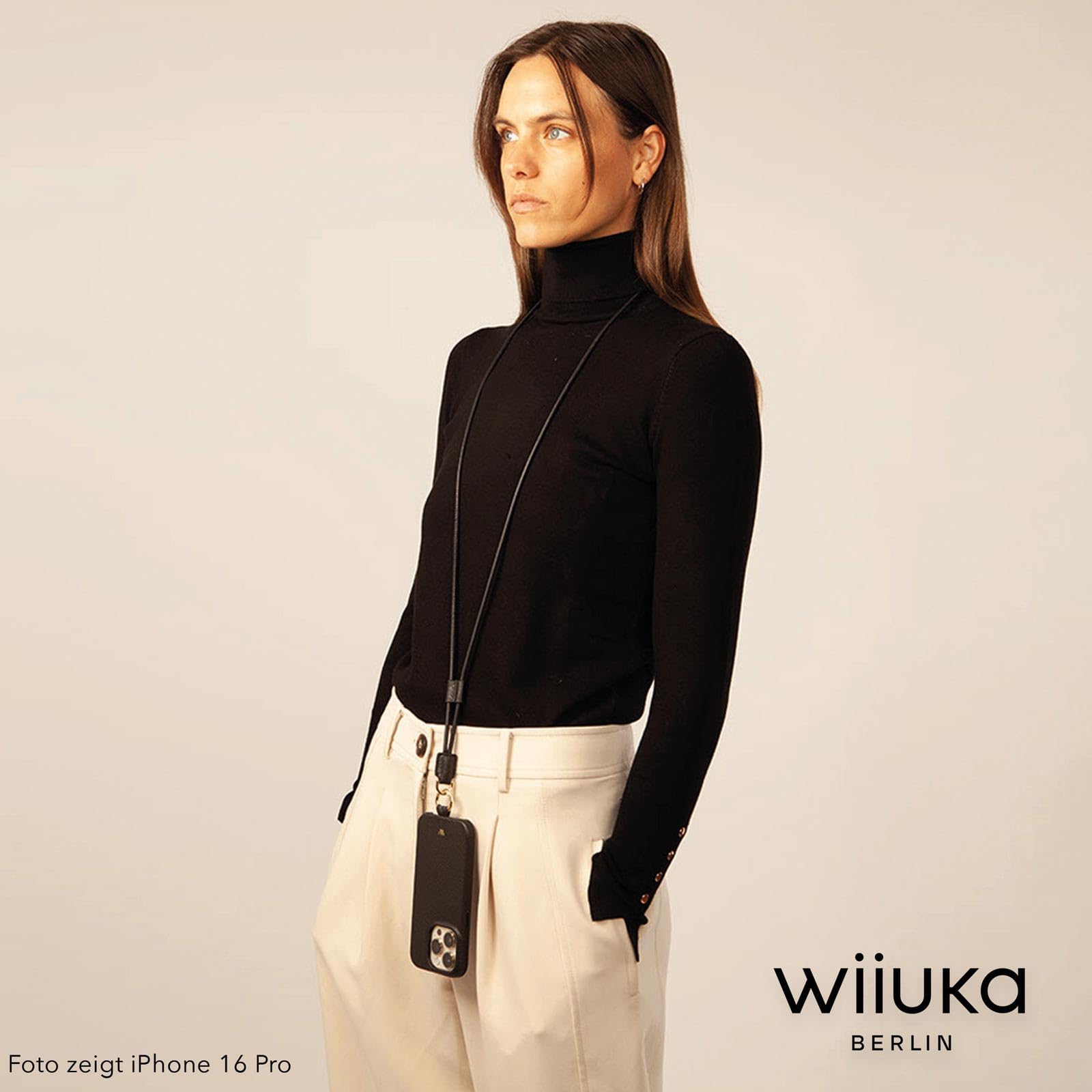 WIIUKA Funda para iPhone 17 Pro, piel de Alemania, funda de piel para teléfono móvil, funda para teléfono móvil, funda para teléfono móvil, funda de cadena, correa de cuello, lazo de esquí, negro