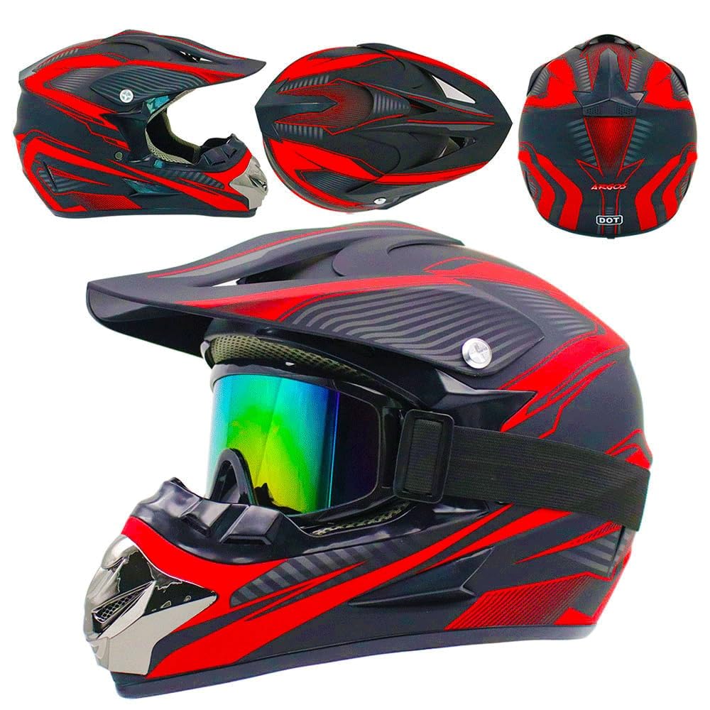 Casco Per ATV Per Bambini Omologato DOT Con Visiera, Per Moto da Cross Elettrica, Casco Per Mountain Bike Fuoristrada E Downhill Per Bambini Dagli 8 Ai 14 Anni, con Occhiali, Guanti E Maschera
