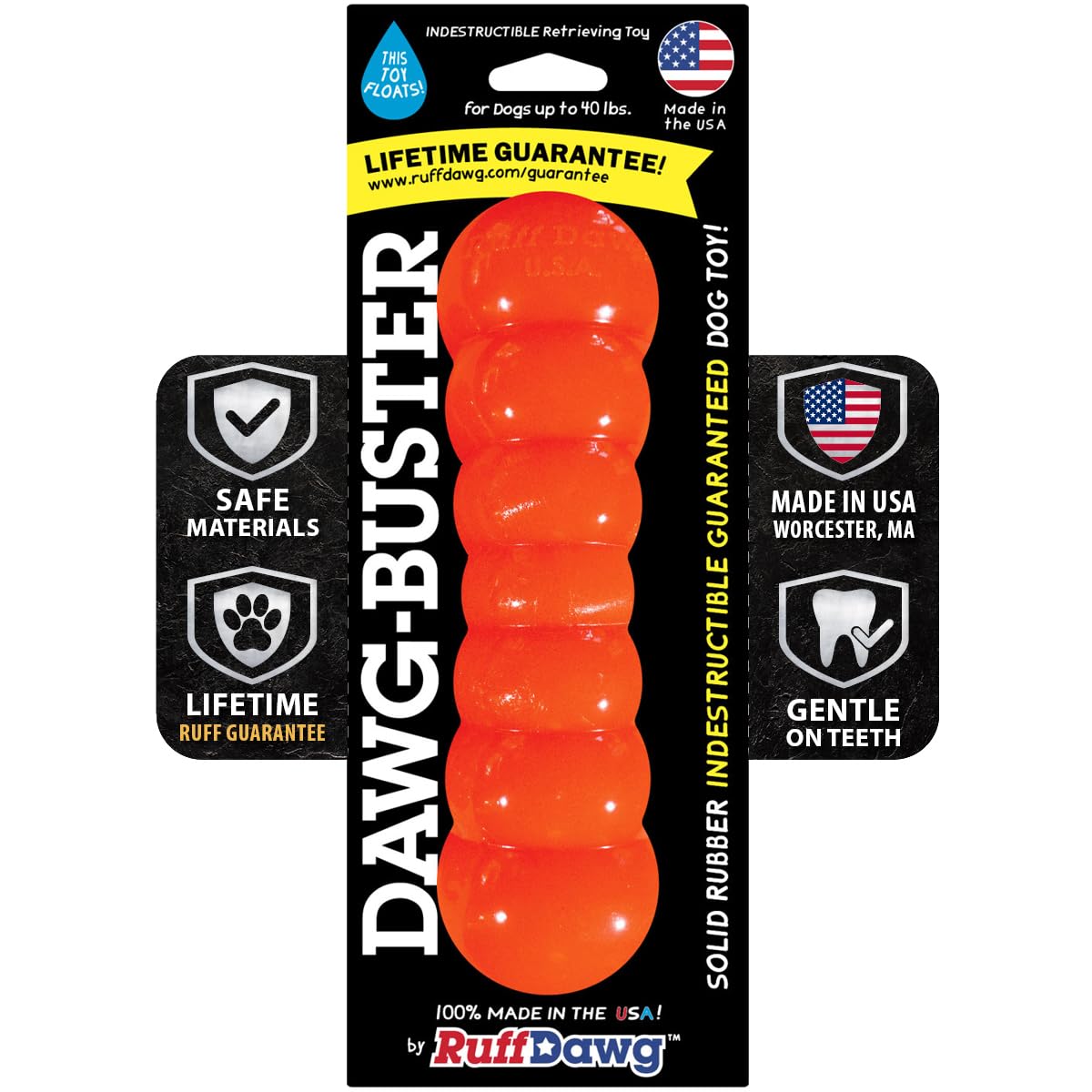 Ruff Dawg Indestructible Dawg-Buster Medium Orange – Heavy-Duty Solid Rubber Dog Chew Stick for Dogs Under 40 lbs – Floats & Bounces – Made in USA