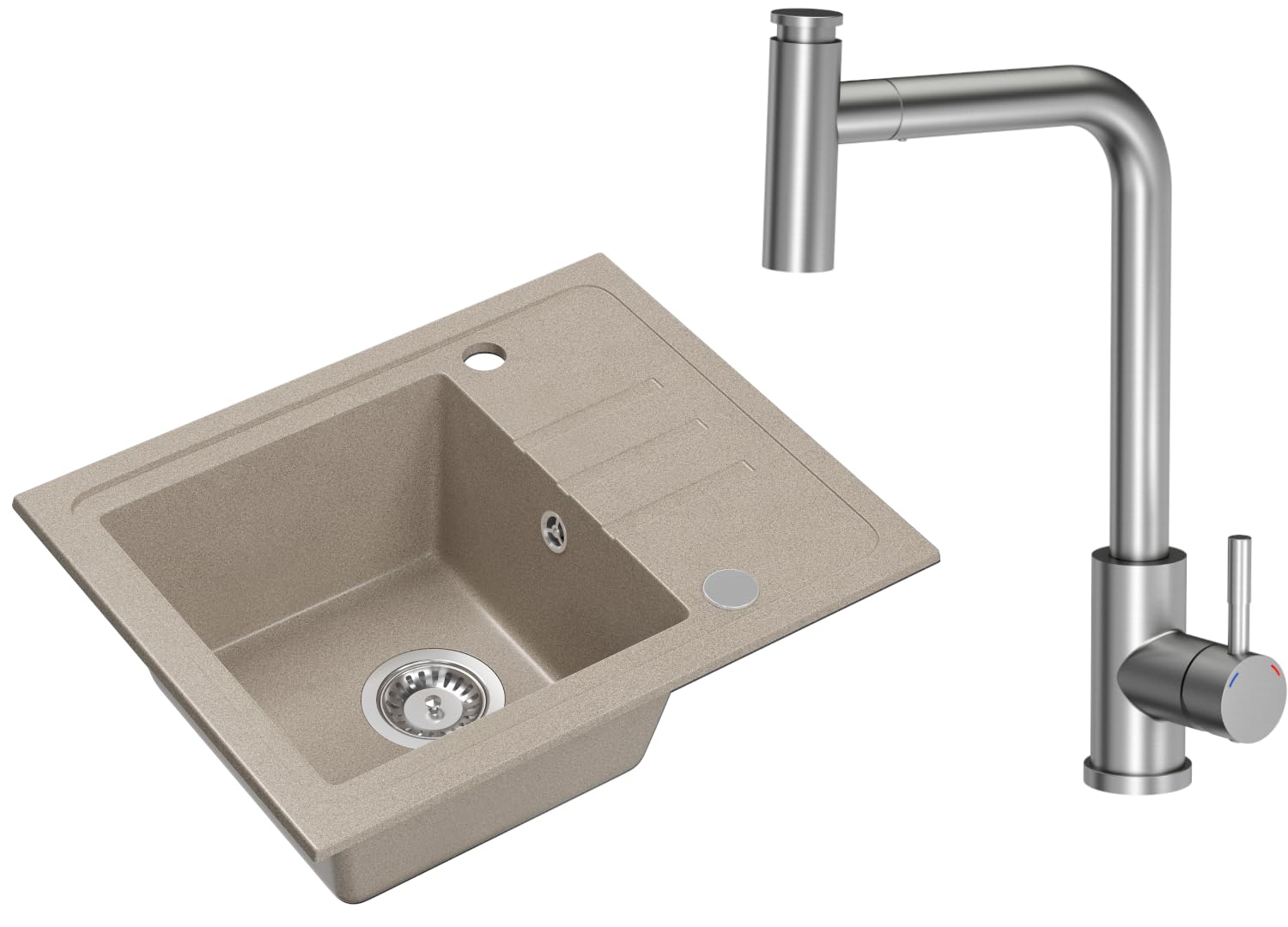 VBChome Fregadero de granito beige con grifería, 55 x 44 cm, para empotrar individual, moteado, reversible, de granito, con grifo de acero inoxidable, color beige
