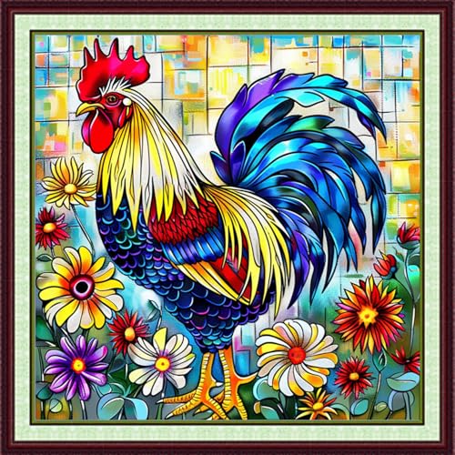Image of Foxhool Stamped Cross Stitch Kits,11CT Printed Cross Stitch Pattern Full Embroidery Kits for Beginner Needlepoint Kits-Rooster Flower 18x18 inchs
