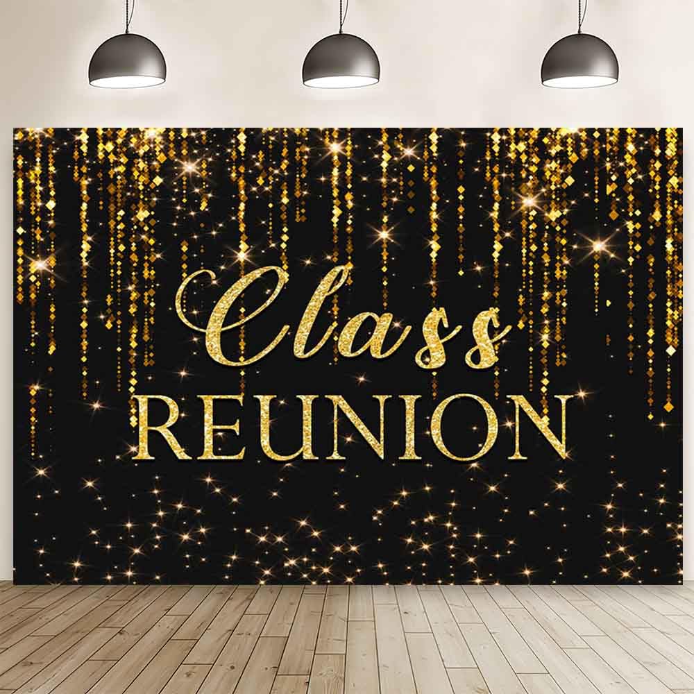 MEHOFOND 10x7ft Black and Gold Class Reunion Backdrop Welcome to The Class Reunion Photography Background Gold Dripping Glitter School Reunion Party
