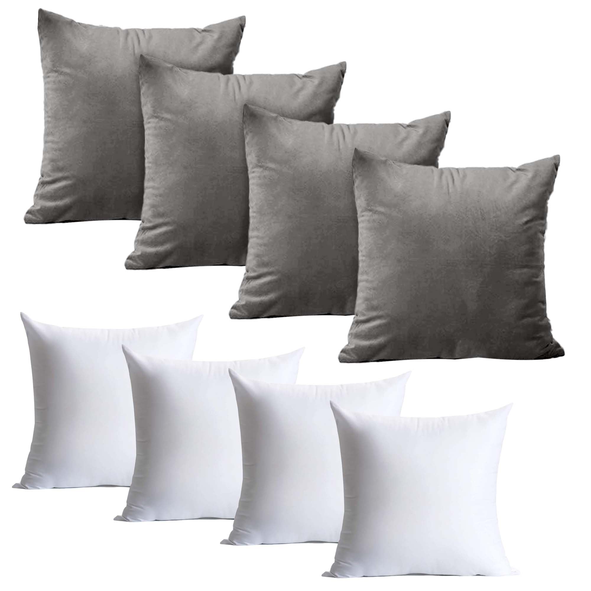 BedLooms Cushions with Covers Included 45 x 45 Cm Set of 8 Pcs (4 Grey Cushion Covers, 4 Cushion Inserts) – Plain Velvet Square Throw Pillows Decorative Sofa Cushion with Invisible Zipper, 18x18 Inch
