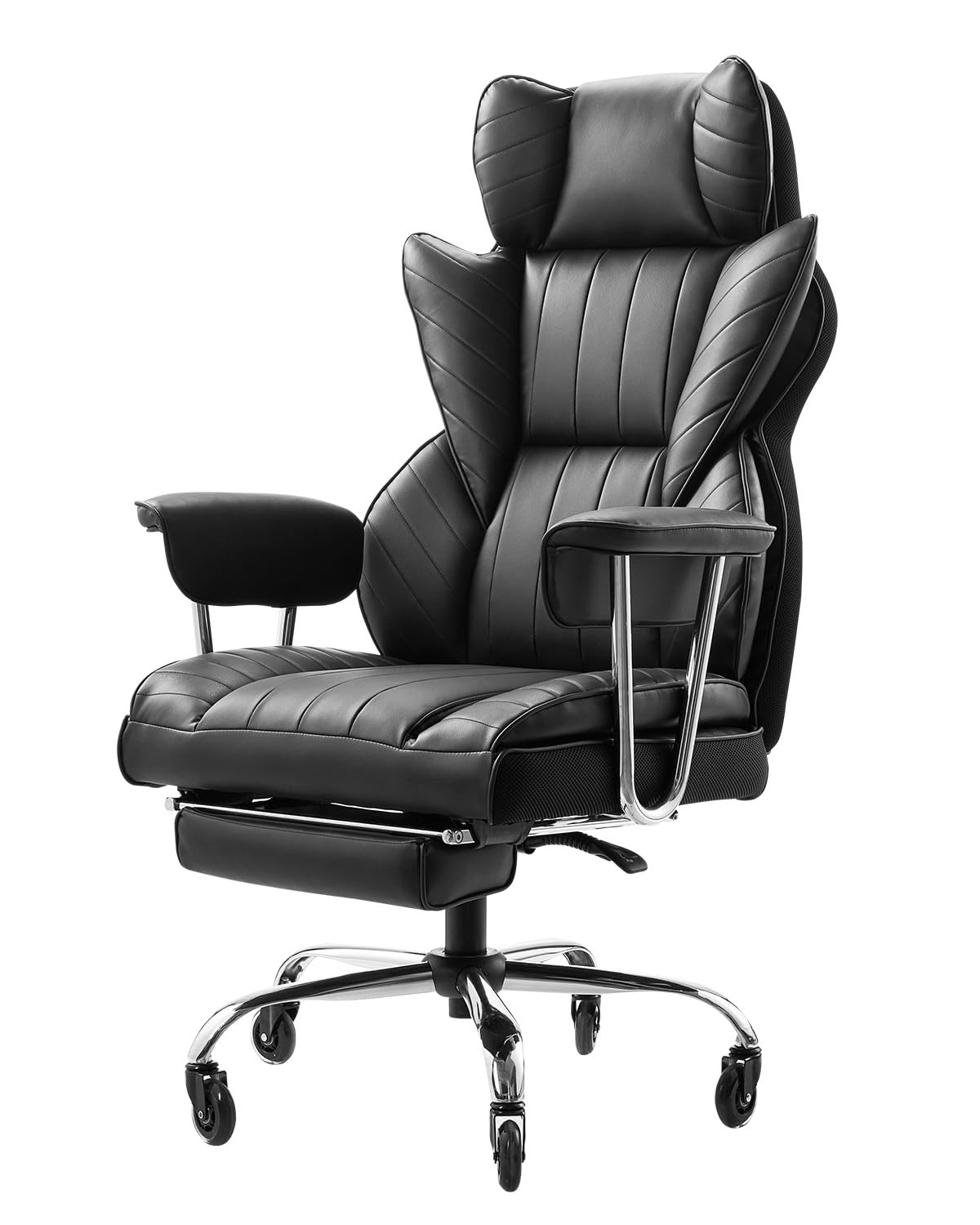 VEVOR Executive Office Chair with Footrest, 400lb Capacity Office Chair with Lumbar Pillow & Removable Armrests, Heavy Duty Ergonomic Chair, PU Leather Reclining Home Office Desk Chairs, Black