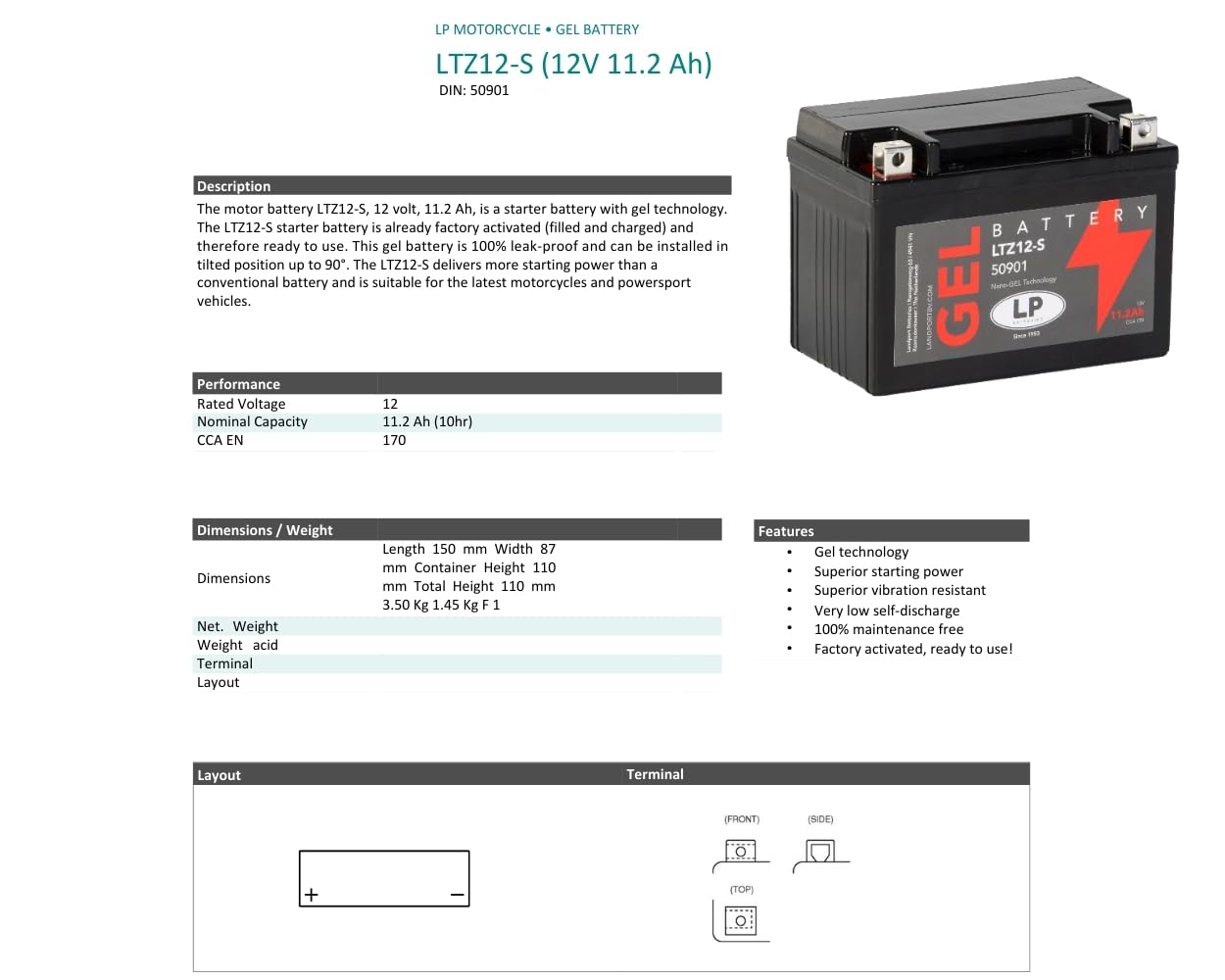Batería de gel Landport LP para motocicleta (12 voltios, 11,2 Ah) - MG LTZ12-S