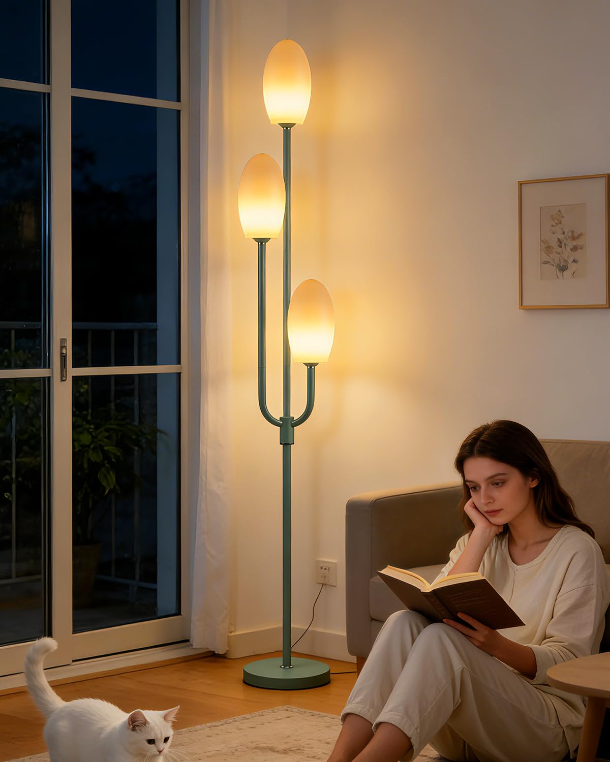 Lightdot 66IN Dimmable Floor Lamp 3-Lights Vintage Floor Lamps with Pebble Shade&amp; Warm White Bulbs for Wedding Party Modern Standing Tall Lamp with 5Lbs Heavy Base for Living Room/Bedroom-Green