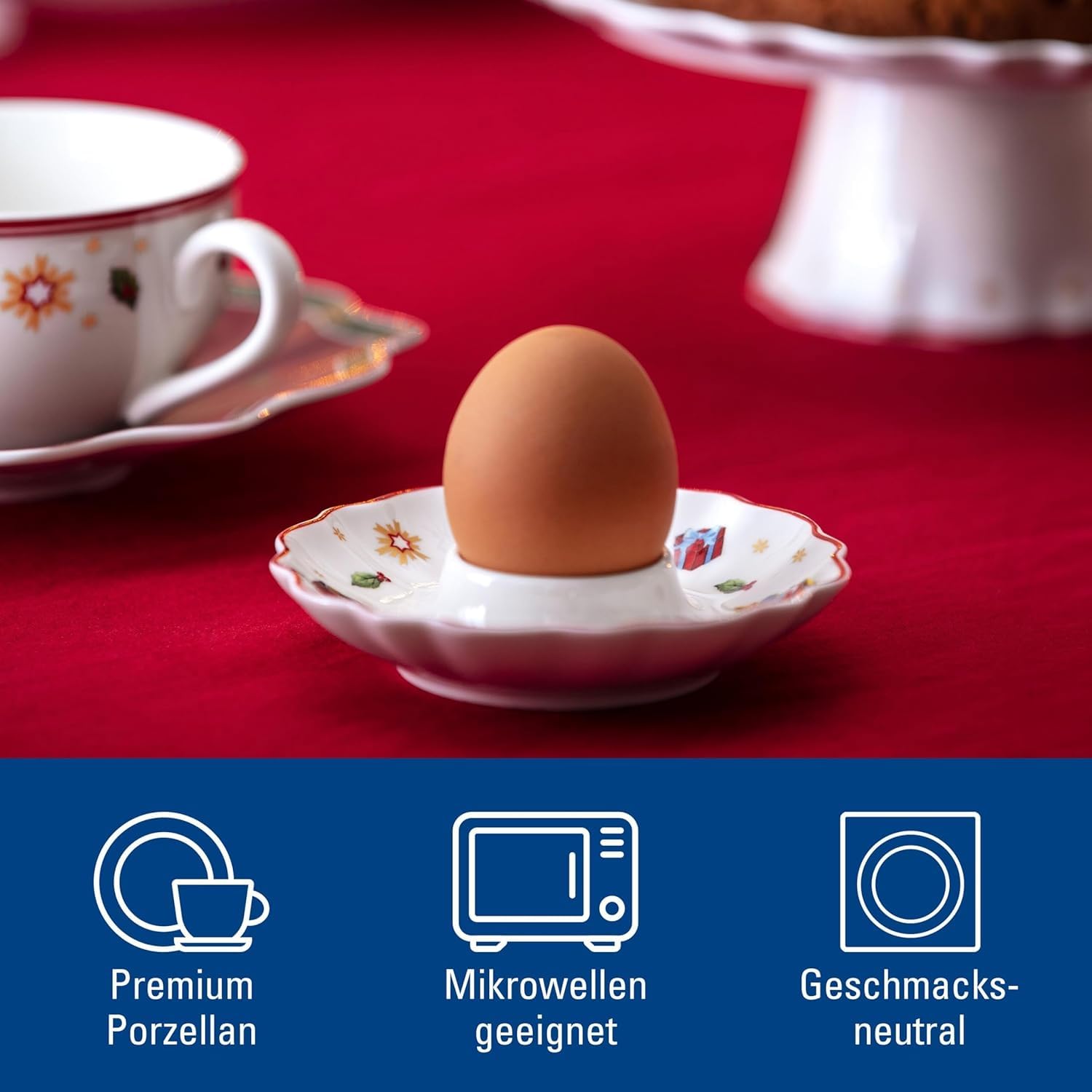 Villeroy & Boch Toy's Delight Eierbecher 4er Set, 11 cm, Weihnachtliche Eierteller mit Wintermotiven, Premium Porzellan, Weiß/Rot/Gold