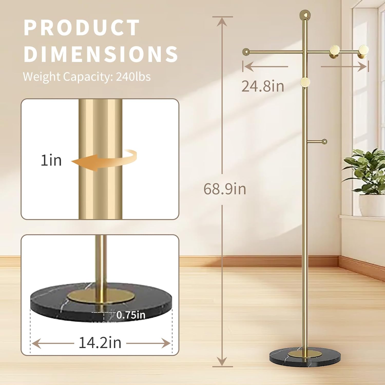 Modern Metal Coat Rack Stand, Heavy Duty T-shaped Coat Rack Freestanding with Natural Marble Base, 8 Hooks, Ideal for Bedroom, Entryway, Hallway, Office, Gifts for Women, for Mom, for Men (Gold)