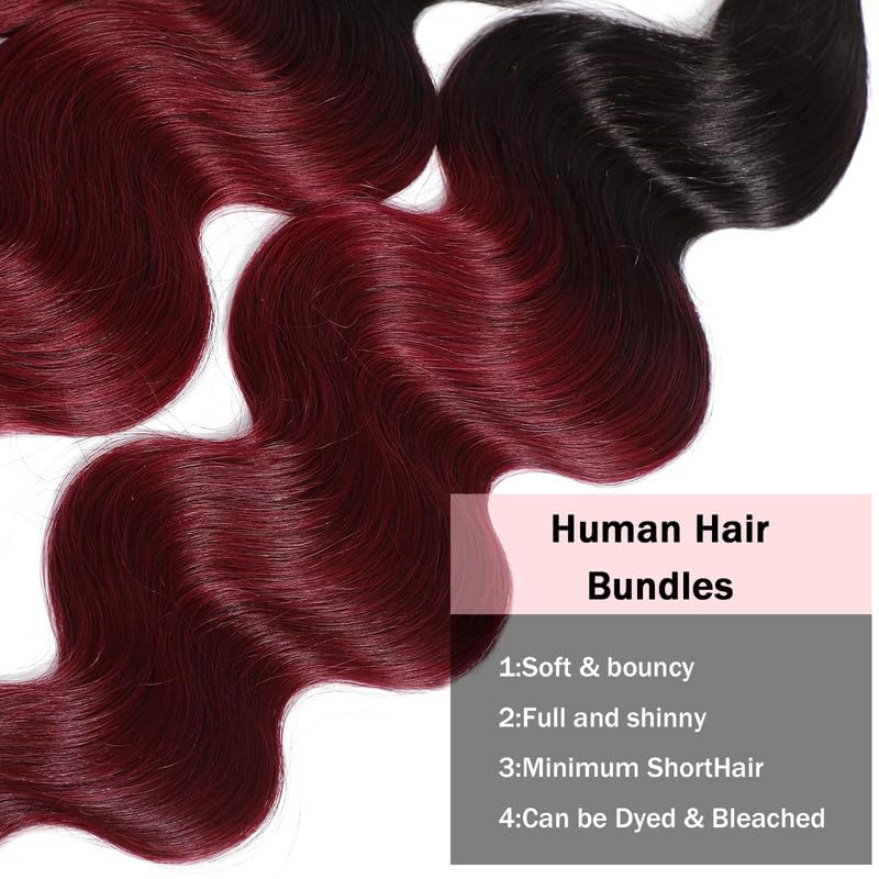 T1B/99J Ombre Burgundy Bundles Human Hair Body Wave 14 16 18 Inch Body Wave Human Hair Bundles Brazilian Virgin Remy Quick Weave for Black Women T1B/99J Color