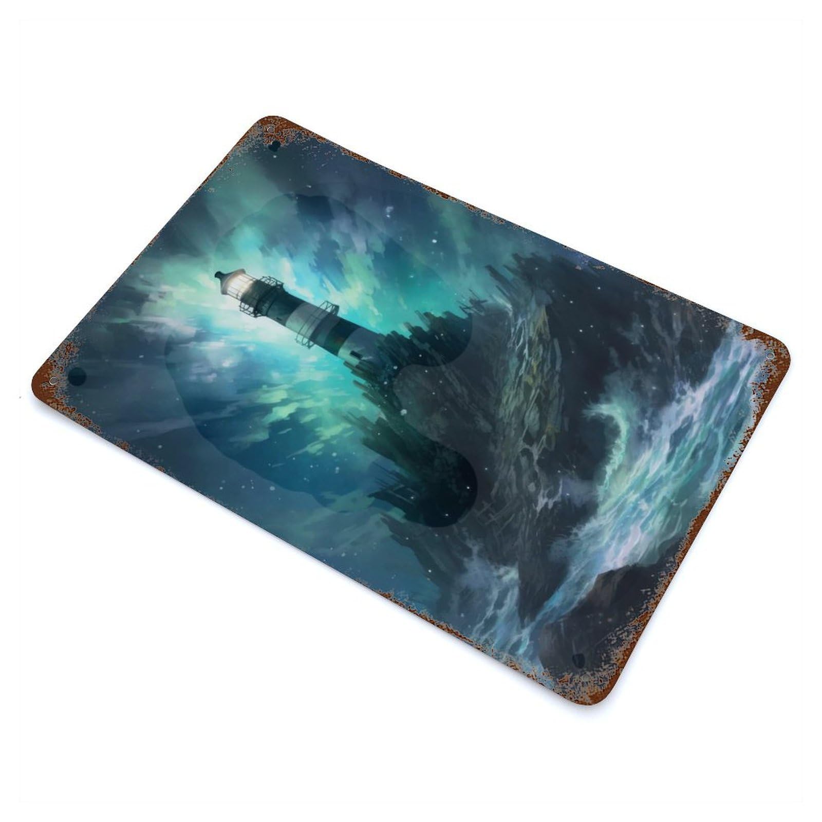 Lighthouse on A Rocky Shore Vintage Wall Sign 11.8"x7.9", Rust Effect Metal Decor for Office, Studio And Wall Decor